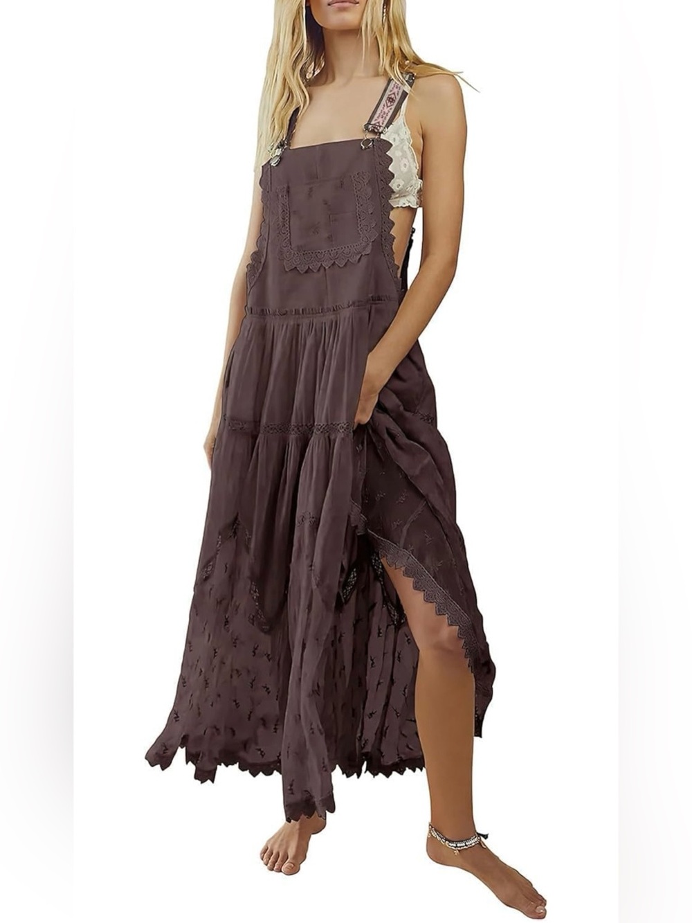 Laced Embroidered Tulle Bib Dress, Adjustable Straps, Perfect Condition, NWOT